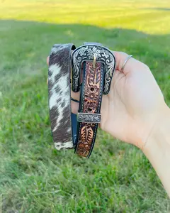 Dreamer Tooled Leather & Cowhide Western Belt