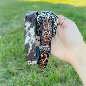 Dreamer Tooled Leather & Cowhide Western Belt - Boys/Girls