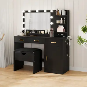 【2 package】Makeup Vanity Desk with LED Lighted Mirror, Power Outlet & Charging Station - 3 Drawers, 2 Cubbies, Cabinet, Open Shelves - Wooden Dressing Table for Bedroom or Dressing Room