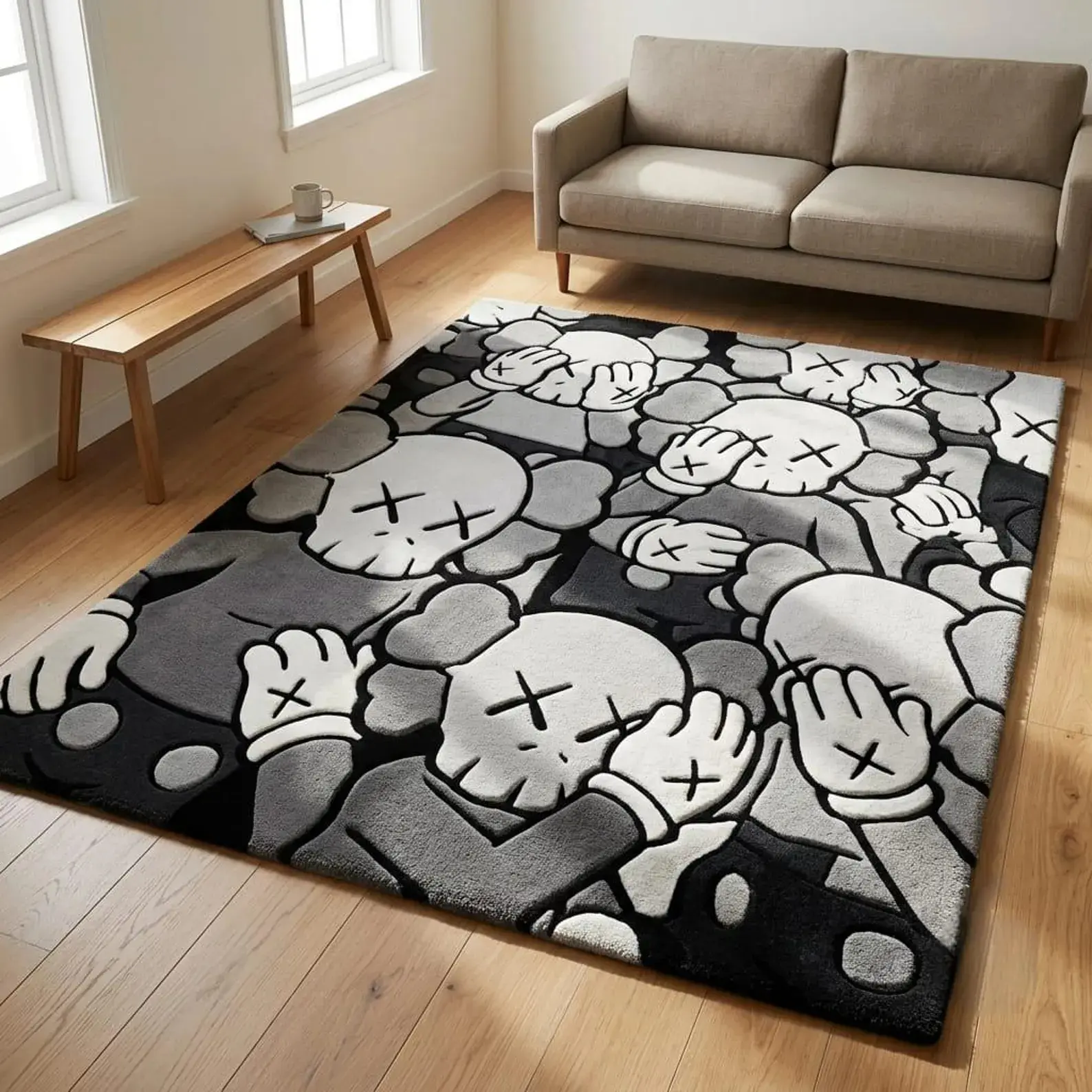 Hand-Tufted Cartoon Character Area Rug - Monochrome Graffiti Pop Art Household Textile Floor Decor