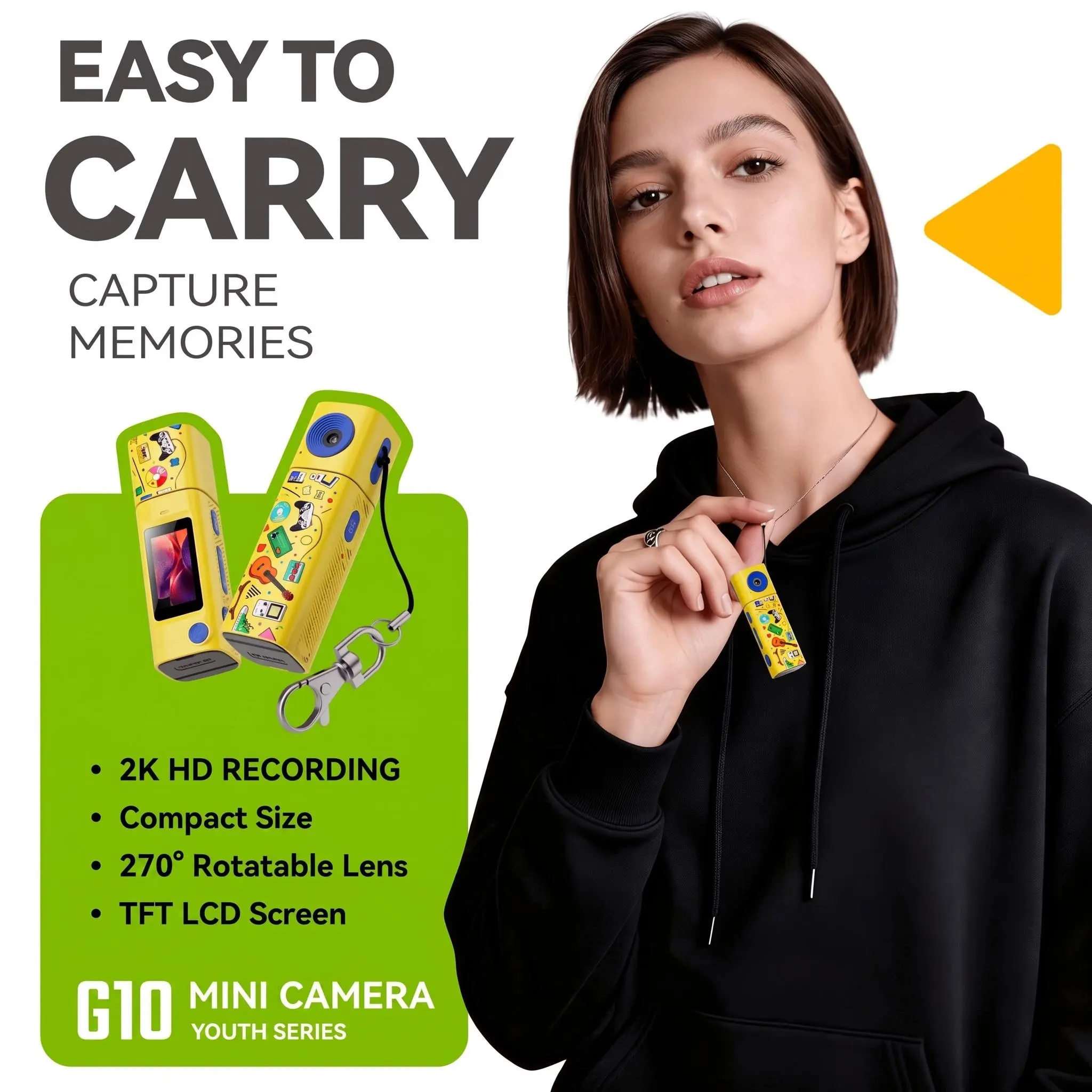 G10 Mini Keychain Camera 2K HD, Cute Cat Thumb Pocket Camera With 270° Rotatable Lens & TFT LCD Screen, 400mAh Portable Wearable Vlog Camera With 16GB Card & Lanyards