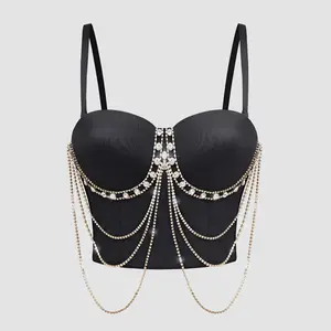 Tank Tops Sexy Halter Chain Rhinestone Bra One-Piece Outerwear Tube Tops Vest Halter New High-End Top For Women  Sexy Cropped Tops Women Tank Tops Backless Fishbone Clubwear Beaded Flower Cami Asymmetrical Bandeau