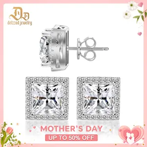 Delzzad 14K Gold-Plated Princess Halo Stud Earrings Lab-Created Moissanite Stud Earring S925 Sterling Silver Moissanite Jewelry Perfect Birthday Mother’s Day Christmas Gift for Men Women Wedding Set