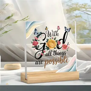 Glass Effec Desktop Decorative Acrylic Plaque Sign with Stand, Christian Inspirational Quote "with God All Things Are Possible" + Floral Butterfly Design, Tabletop Display for Christian Faith/Spiritual Comfort, Suitable for Religious Holidays/Daily Use