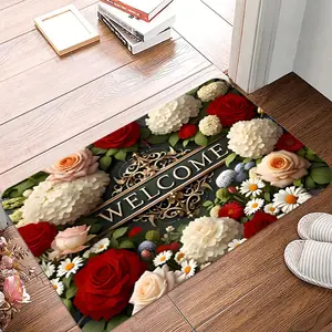 1pcs Luxury Floral Welcome Mat Floor Rug Holiday Door Mat Suitable for Living Room Kitchen Bedroom Laundry Room Machine Washable Polyester Decorative Rug Multi Scene Decoration Indoor and Outdoor Use