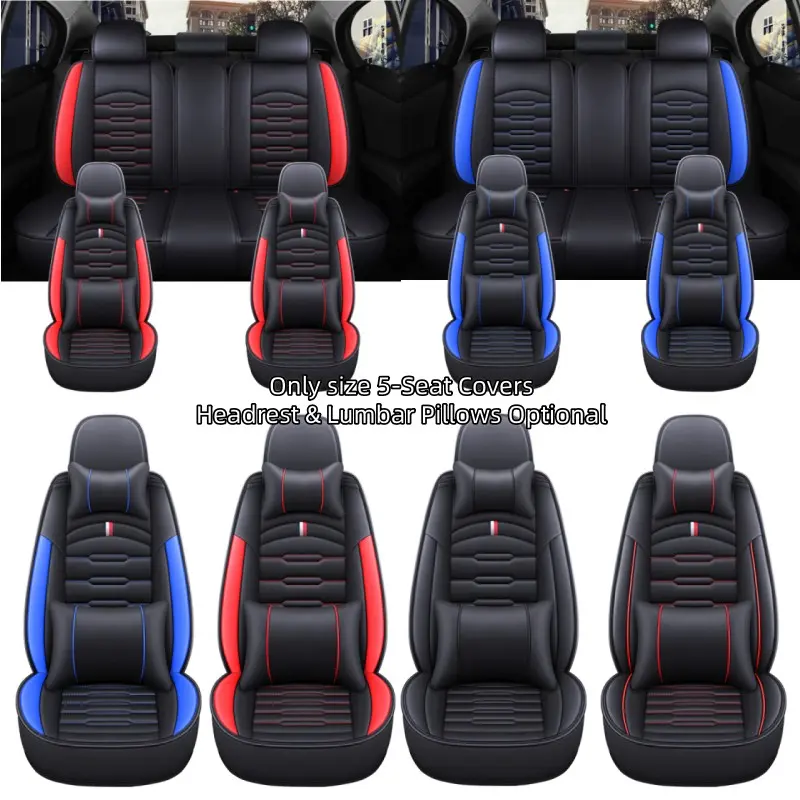 Five-Seat Universal Luxury PU Leather Car Seat Covers, Full Vehicle Seat Pad Protector, Anti-Slip Durable Waterproof, All Seasons, Optional Headrest Lumbar Support, SUV Seat Covers