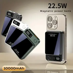 Portable 10000mAh magnetic power bank with 15W MagSafe wireless fast charging, digital display, suitable for iPhone 13/12 series and AirPods