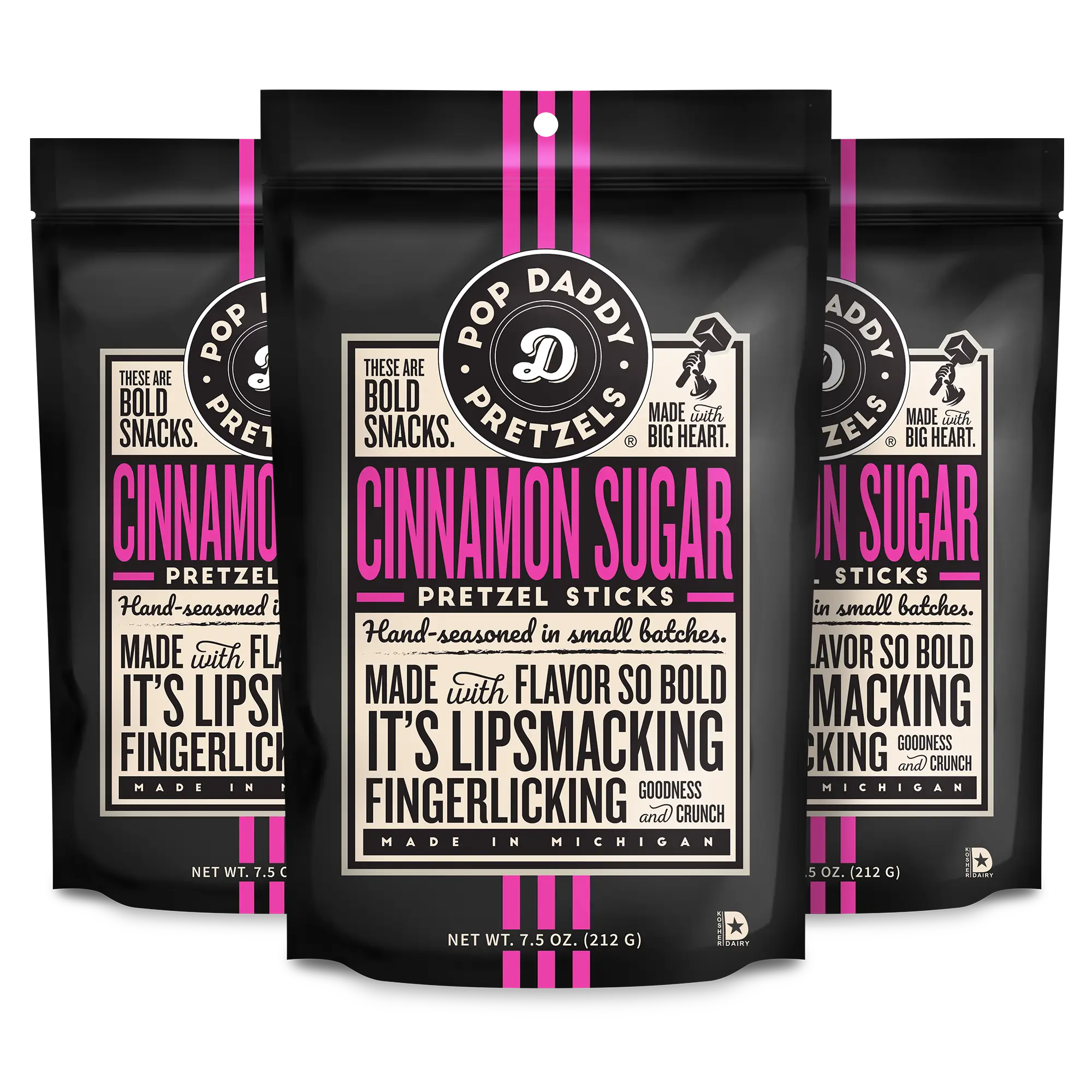 Pop Daddy Flavored Pretzels Sticks | Healthy Gourmet Pretzels Snacks | 7.5oz Individual Bags | 3 Pack | Cinnamon Sugar