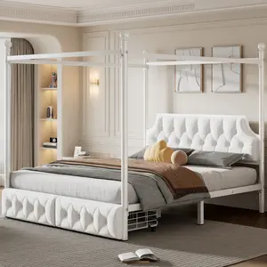 Queen Size Metal Canopy Platform Bed with Upholstered Headboard and Two Storage Drawers, White,For Bedroom,The package will be shipped in two separate parcels