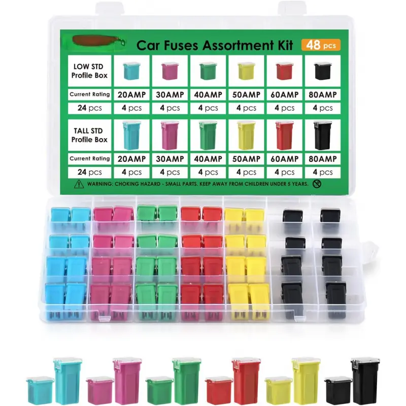 48pcs-Low&Tall Box Fuses Assorted Kit - Easy Install, Durable, Multiple Amperages (20A,30A,40A,50A,60A,80A) for Cars/SUVs/Trucks, Boat Enthusiasts, Multiple Amps