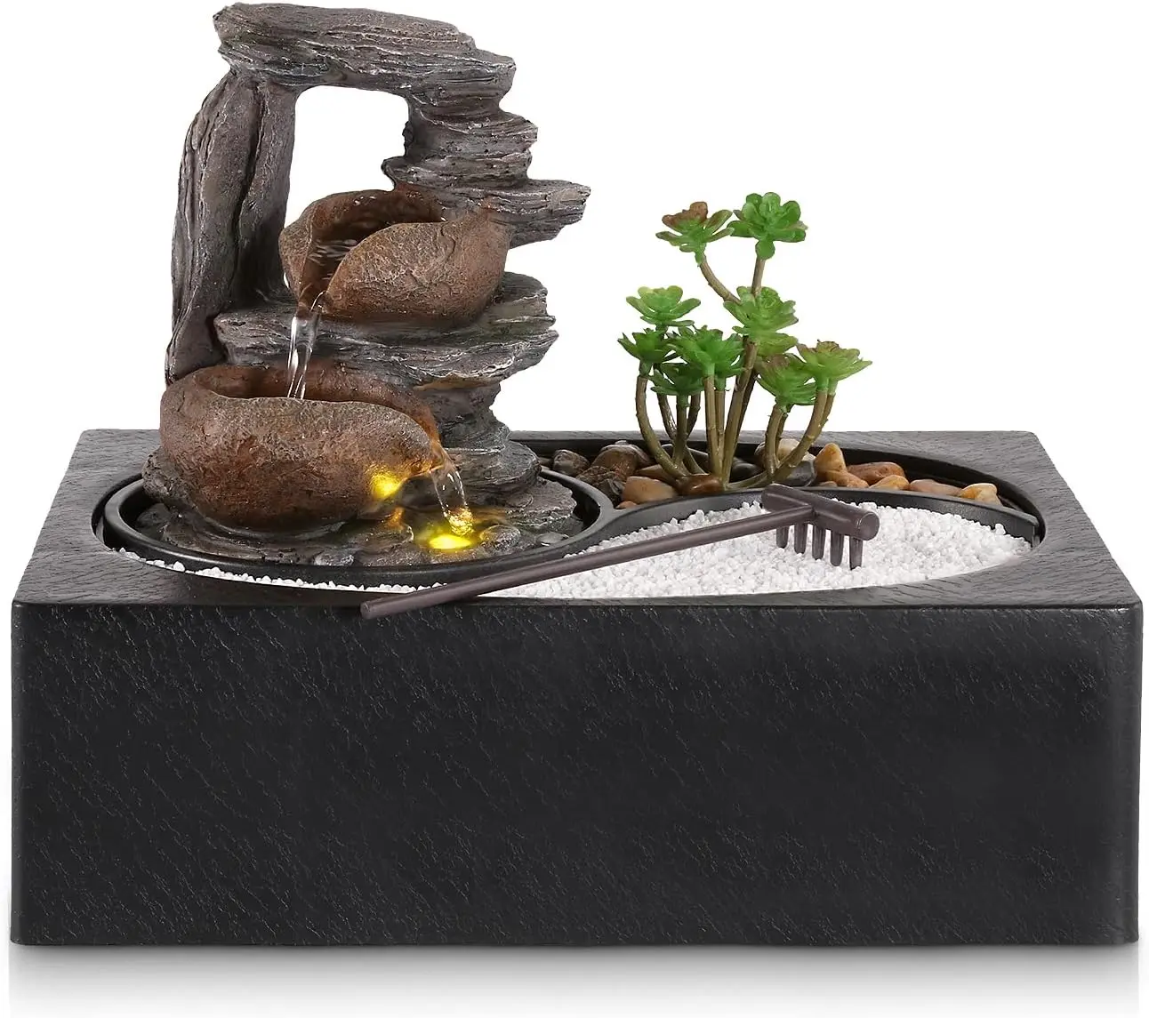 Dyna-Living 3-tier Indoor Waterfall Fountain with Warm LED Light & Zen Garden Kit for Living Room & Study Desk Decor