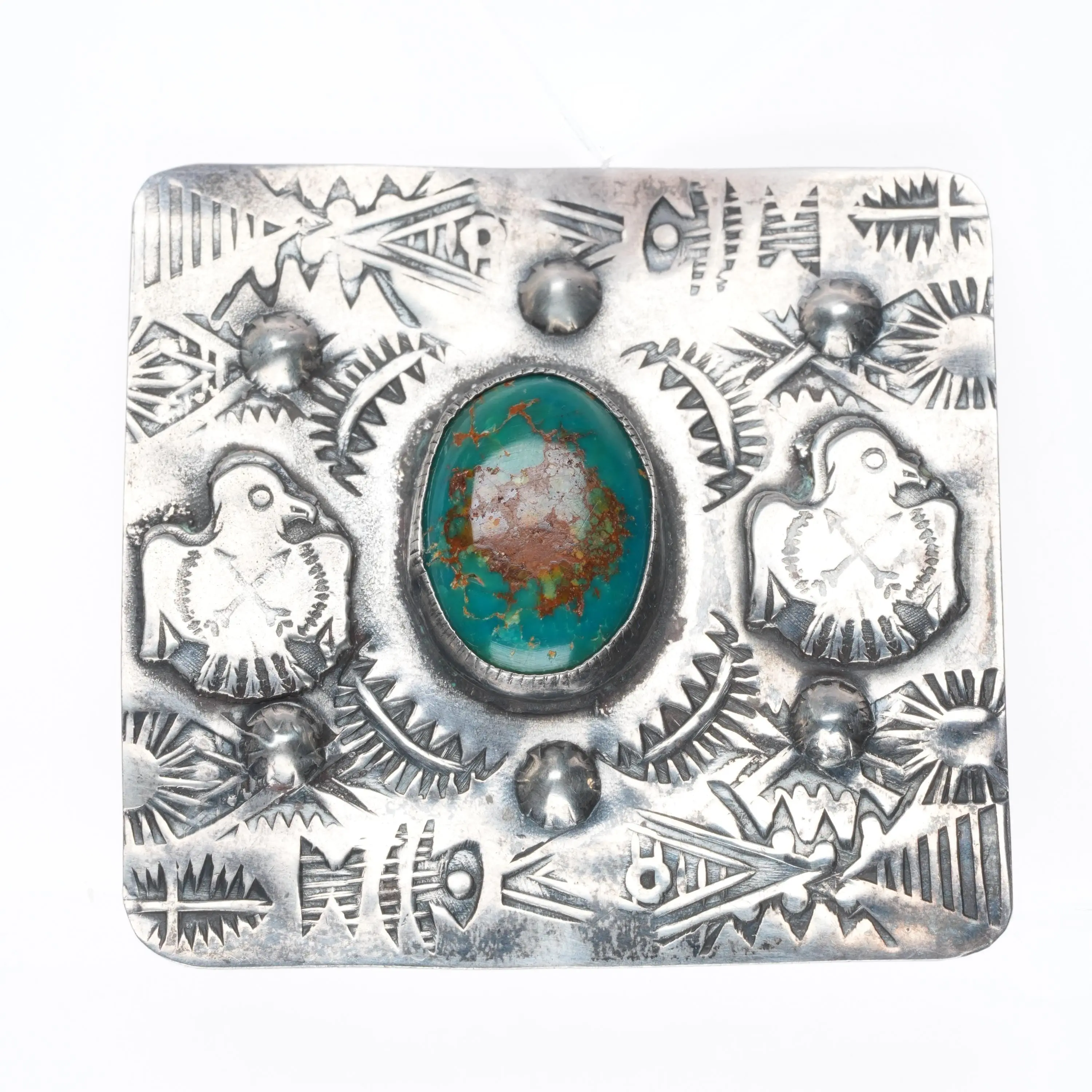 c1940's Big Navajo sterling silver Fred Harvey turquoise thunderbirds pin/brooch