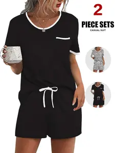 2026 Spring Summer Women's 2 Piece Pajama Set, Short Sleeve Crew Neck Top with Pocket & Drawstring Shorts, Soft Casual Knit Loungewear Sleepwear with Star/Leopard/Cat Prints