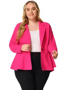 Agnes Orinda Plus Size Blazer Ruffle V Neck Button Notch Panel Peplum Blazers