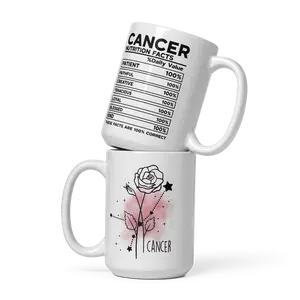 White Glossy Astrological Sun Sign Cancer Mug- Nutrition Facts Edition, 11 and 15 oz, Ceramic, Dishwasher & Microwave Safe - Coffee mugs