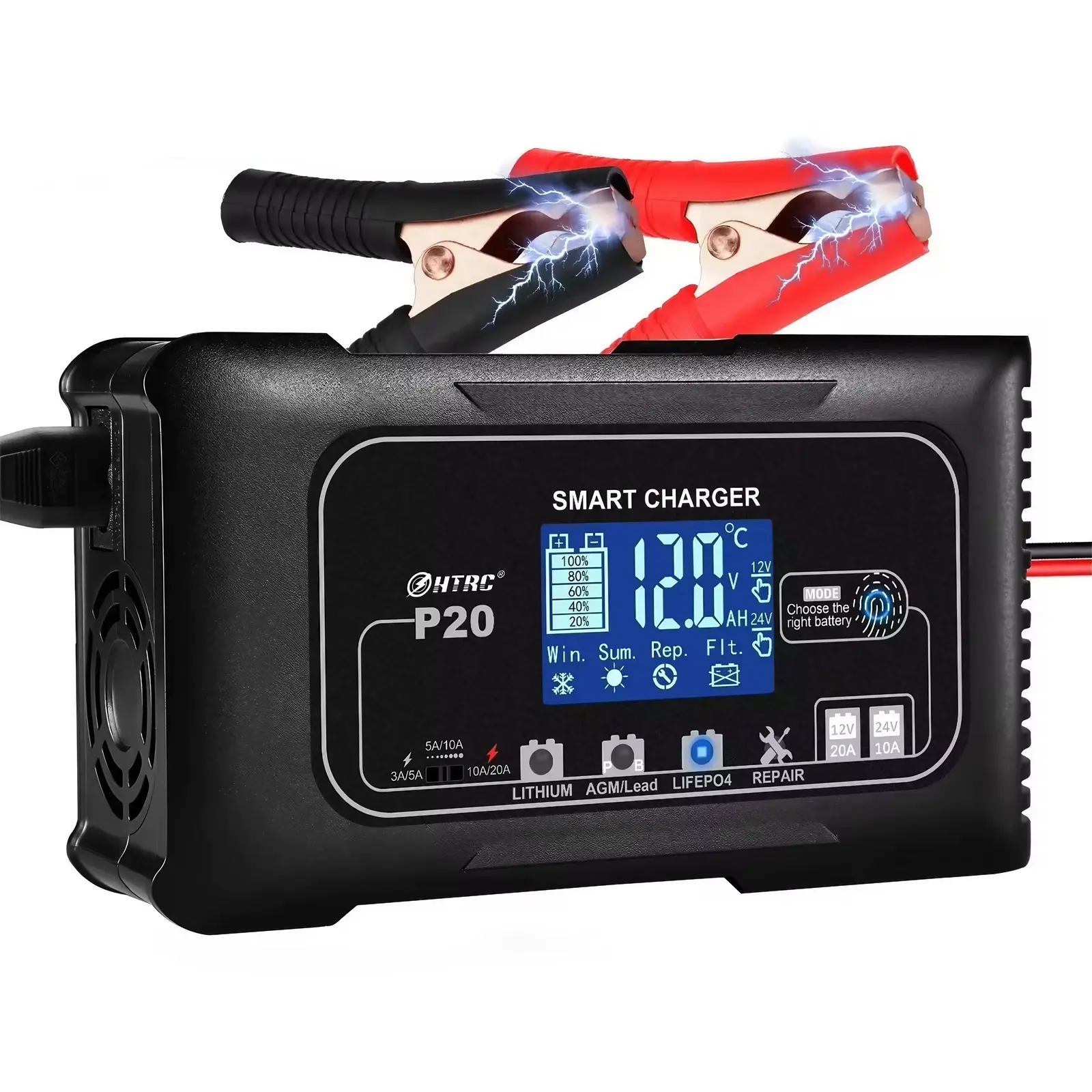 12V/24V 20A Smart Charger, Dual-Voltage for AGM/Lithium Batteries. Pulse Repair, Overvoltage Protection, LCD Display. Fast Charging for Motorcycles, ATVs, RVs, Boats.