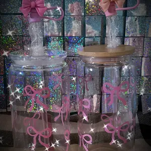 16oz New Set of Bow Design tumblers with Straws - Pink Bow Design, Clear Glass, Reusable, Ideal for Snacks and Treats