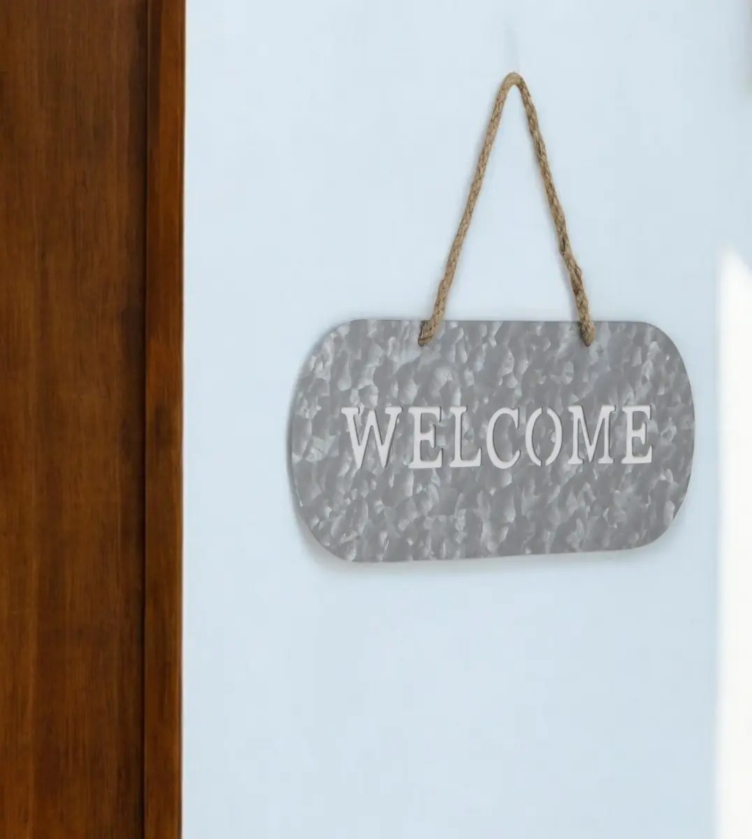 360 stand Rustic Farmhouse Oval Wall Sign - 5x11 in. Gray Handcrafted Welcome Galvanized Metal Hanging Plaque, Living Room Home Decor with Rustic Design, Living Room Decor, Decoration, Decorative, Oval Cutout