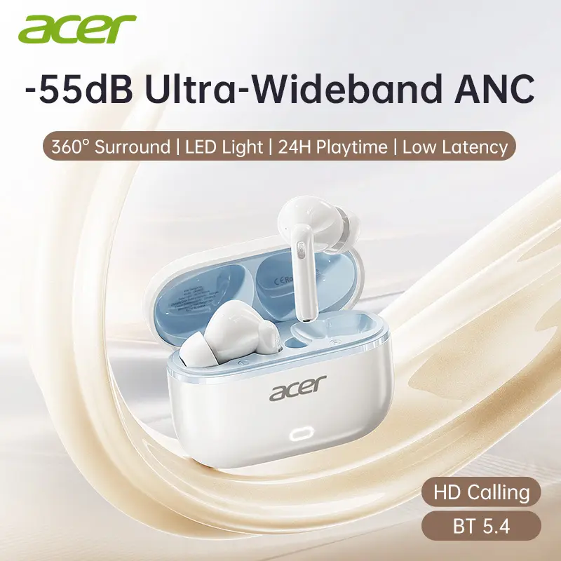 Acer OHR657 Clip TWS Wireless Earbuds - In-Ear Headset with Active Noise Cancellation, Bluetooth 6.0, Stable Sync, ANC+HD Calls, Long Battery Life, Comfortable Fit, Charging Support, Multi-Device Android Compatibility (Back to School), Anc+Hd Call