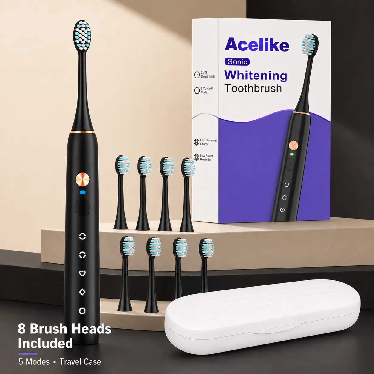 Acelike Portable Electric Toothbrush for Travel, 8 Brush Heads Included, 5 Modes, 2-Min Timer, 2-Button Control, USB-C Cable