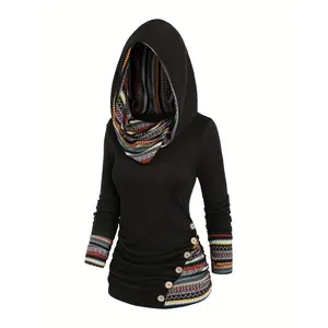 Women'S Fashion Hooded Sweatshirt, Long Sleeve Striped Patchwork Knit with Faux Buttons, Polyester 95% Spandex 5%, Fall/Winter Season, 180g/m2 Fabric Weight