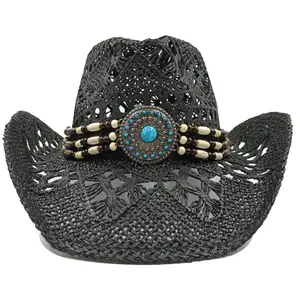 Ethnic Cowboy hat Black retro straw hat 2025 new men's and women's jazz Cowboy hat straw hat sun hat summer hat sombrero