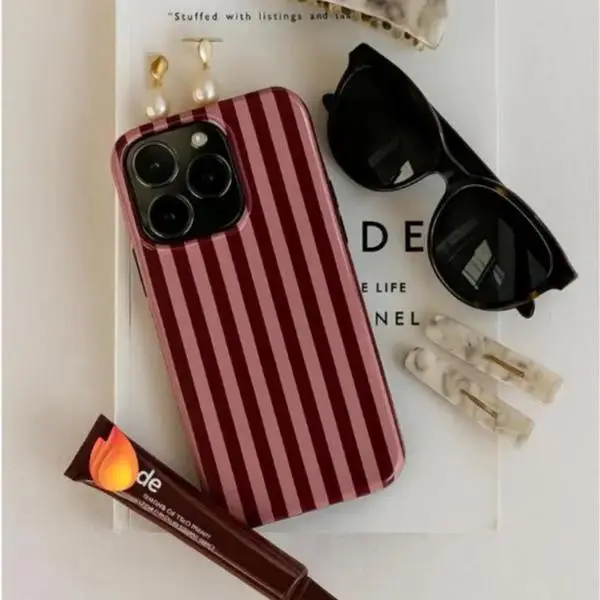 Burgundy & Pink Stripe iPhone Case Glossy Slim Tough Cover for Samsung Galaxy 22 23