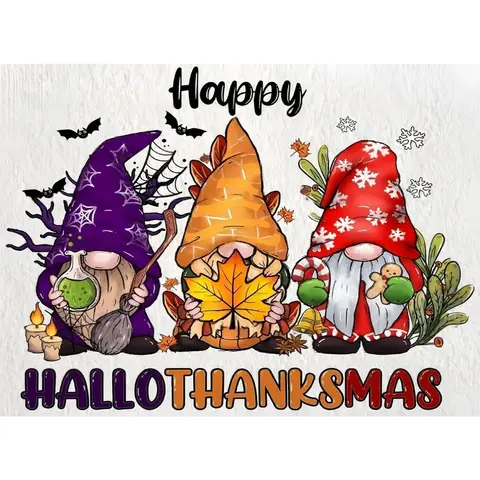 GemZono 5D Full Drill Round Diamond Art Kit with Tray, Glue & Mixed Textile Supplies, "Happy Hallothanksmas" Gnome Trio - Halloween Thanksgiving Christmas Seasonal DIY Needlework, Leisure Time Relax Tool, Home Wall Decor Toy