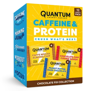 Quantum Energy Square Healthy Protein Energy Bars Chocolate Fix Variety 12-Pack -Organic Caffeine with Balanced Macronutrients, 10g Plant-Based Protein, Vegan, Gluten-Free, Non-GMO