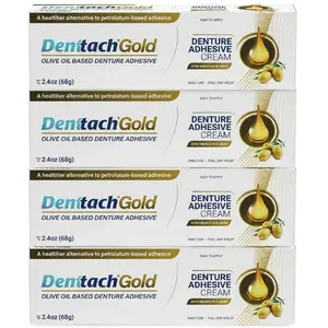 Denttach Gold Denture Adhesive, Petroleum Free Olive Oil Based Premium Denture Adhesive Cream for Full and Partial Dentures, All Day Secure Hold Denture Glue, Zinc Free, 2.4 Ounce (pack of 4)