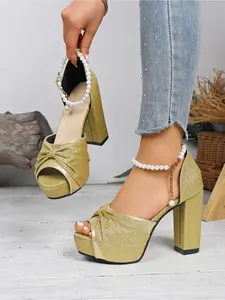 Women's Peep Toe High Heel Sandals Summer Comfort Platform Chunky Heels with Bowknot Ankle Strap Fashion Dressy Casual Elegant Waterproof Walking Shoes