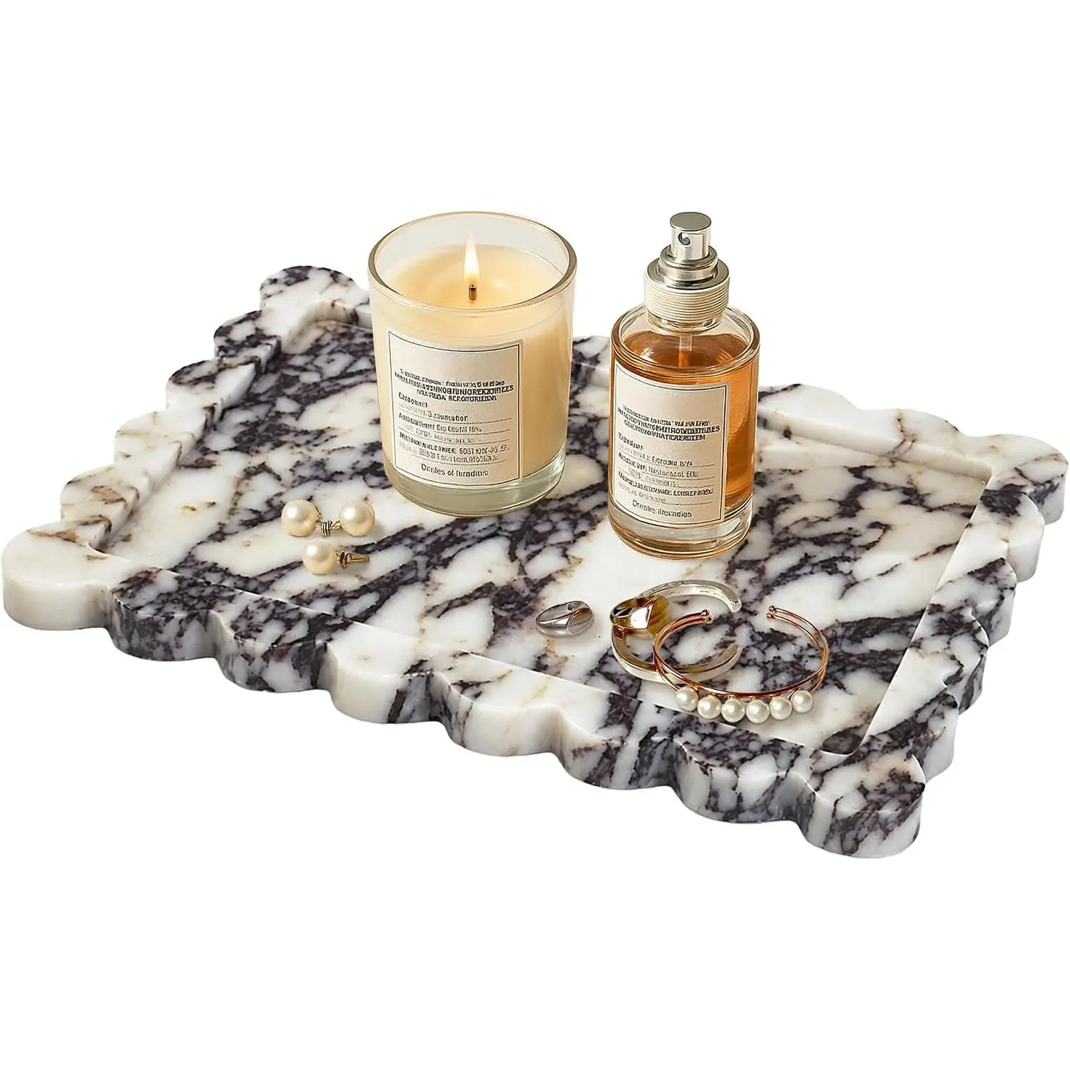 Marble Tray,Marble Vanity Trays for Bathroom 12" x 9", Scalloped Tray,Wave Appearance Jewelry Home Decor Stone Trays for Kitchen Counter, Bathroom,Genuine Calacatta Viola