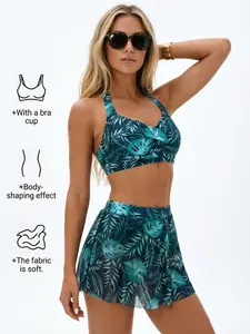 Women’s Dark Navy Tropical Monstera Palm Leaf Bikini Set - Twist Front Halter Tie Back Top, Sheer Mesh Flowy Swim Skirt with Built-In Brief, Modest 2 Piece Summer Swimwear for Beach Pool Cruise Vacation