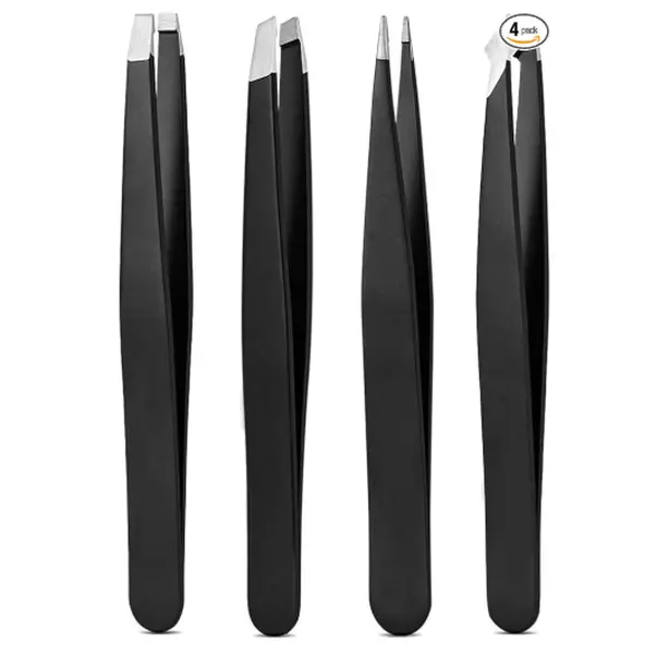 Tweezers Set Professional High Precision Stainless Steel Eyebrow Remover Ingrown Hair & Splinter Removal Kit Facial Hair Grooming Tools for Men Women Black 4 Pcs