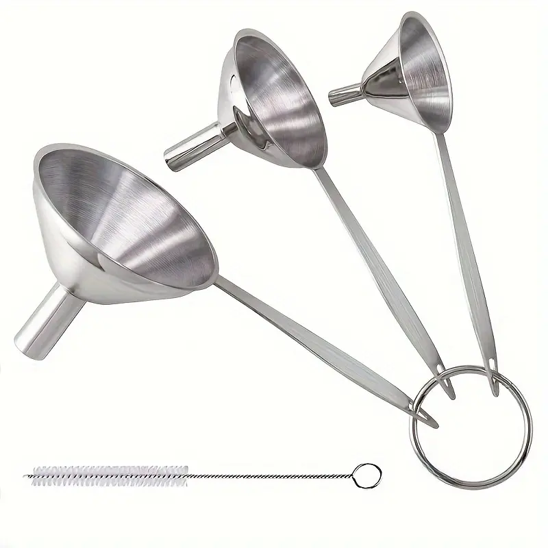 4pcs/set Stainless Steel Funnels With Cleaning Brush, Small Funnel Set For Transferring Essential Oils Liquid Fluid Spice Dry Ingredients Powder, Durable And Dishwasher Safe, Kitchen Products, Kitchenware Stainless Steel