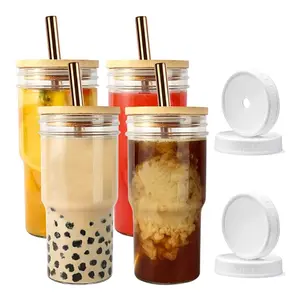Bamboo Glass Cups 4 Pcs 24 oz with Reusable Lids & Straw - Iced Coffee, Juice, Gift & Tumbler for Bubble Tea, Juice