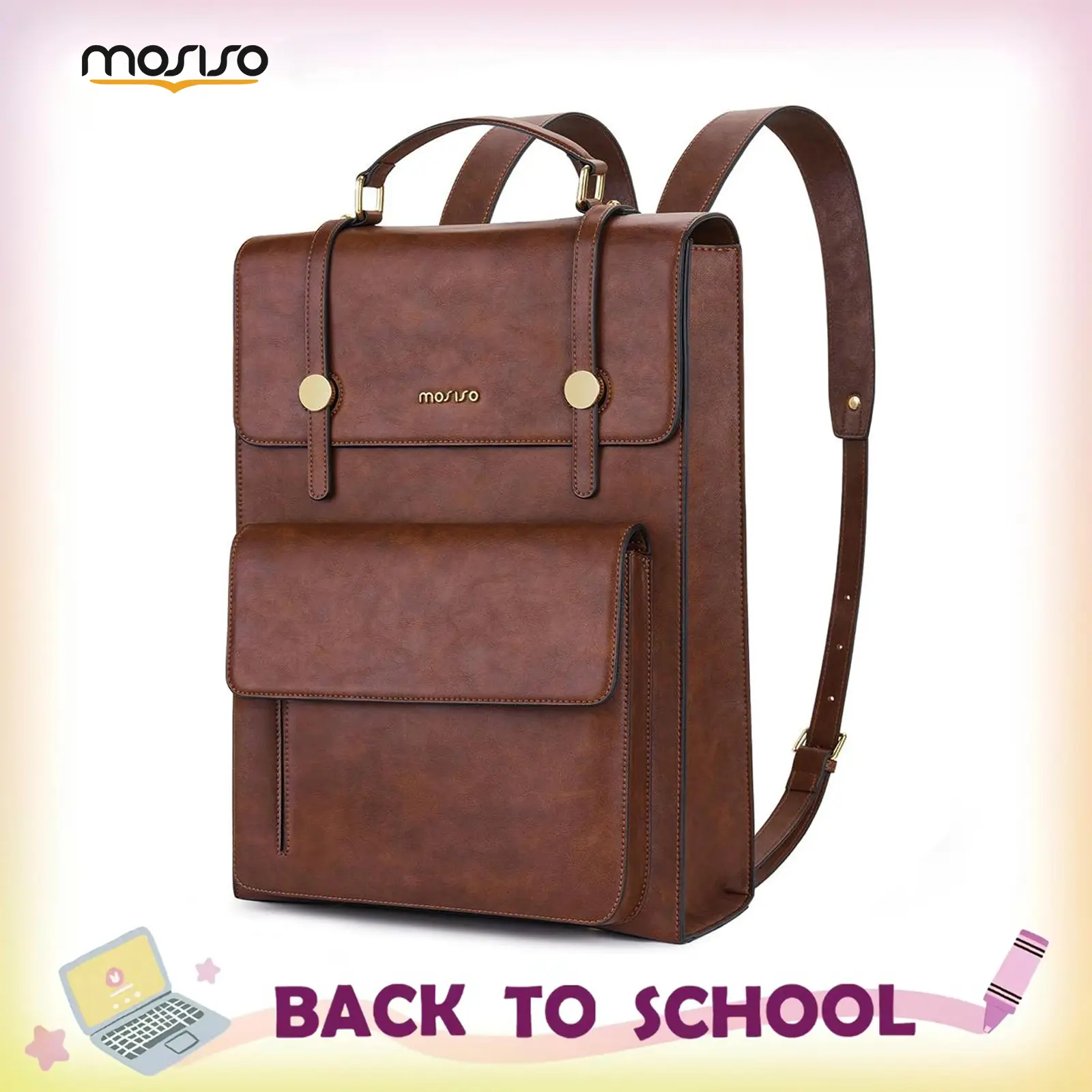 MOSISO Vintage PU Leather Laptop Backpack for Adults, Waterproof Business Casual Purse with Adjustable Shoulder Strap for 16-Inch Laptops, 16.54 x 12.2 x 4.52 inches, Chic, Flap, Hand Wash Only, Multi-Compartment, Padded Laptop Compartment