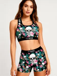 Women's Sports Bra Set, High Waist Wireless Underwear, Breathable Elastic Sportswear, Halloween Skull Pattern, Gym Yoga Running Swim, Workout Running Clothes
