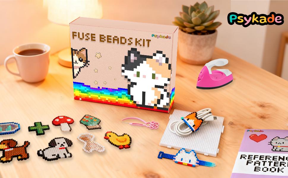 Psykade Fuse Beads Kit-Easy DIY-96 Colors 53000 2.6mm, 200+ Patterns, Built-in Iron |   DIY Crafts Supplies for Women, Art Decorations for Room, Ideal Gift,Pixel Art,All-in-One