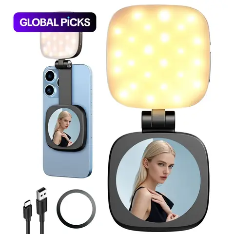 Magnetic Selfie Light with Mirror, Rechargeable Photography Light, Retractable Foldable Pocket-Size Portable Mini Dimmable Fill LED Light for Phone, Selfie Accessories for Video Recording, Live Streaming, Makeup, Vlog #GLOBAL PICKS