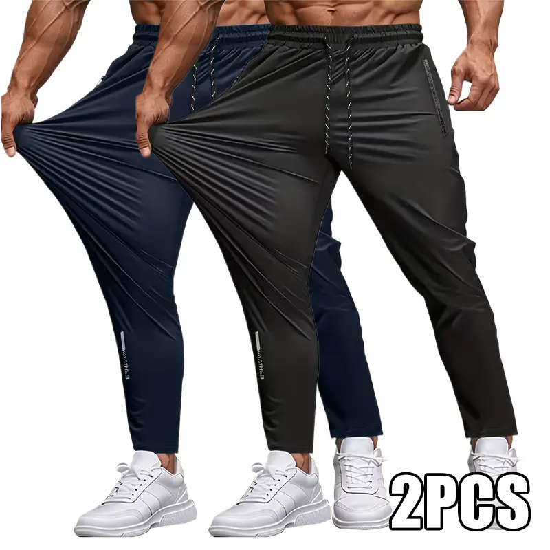 2-Pack Men's Quick Dry Breathable Athletic Pants Elastic Drawstring Waist Zip Pockets Machine Washable All Season Trousers for Golf Fishing Basketball Camping Gym Beach Running