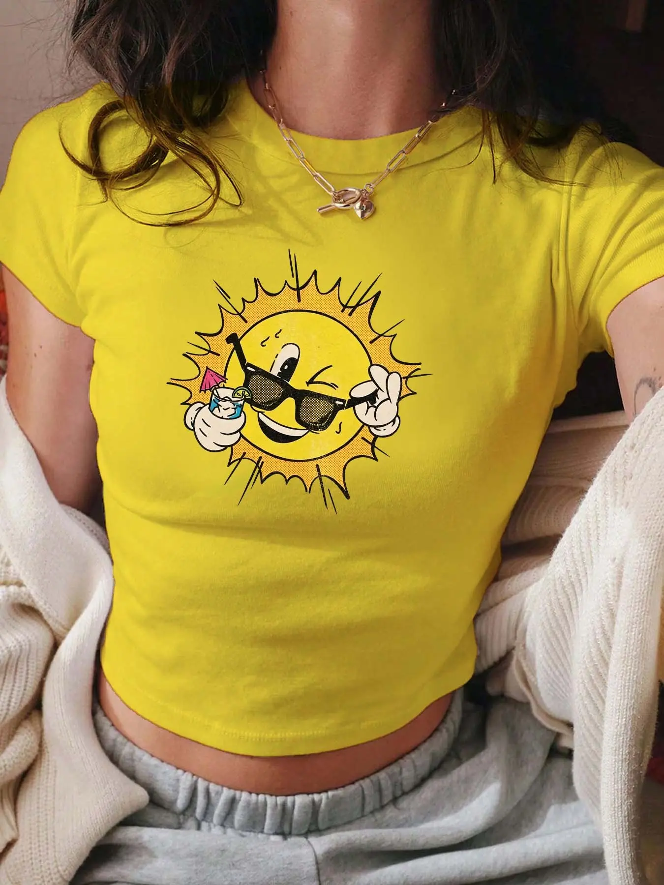 Vintage Sun Print Short Sleeve Round Neck Women's T-Shirt, Crop Top Sexy Mini Shirt, New 2026 Fashion Female T-Shirt, Retro Style, Summer, Streetwear, Casual, Womenswear