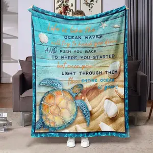Comfortable Flannel Blanket, Turtle Shell Beach Pattern, Blue Digital Print, Perfect for Living Room and Camping, Ideal Gift