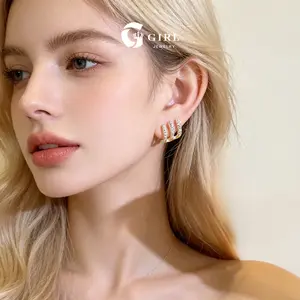 GGIRL three-prong earrings fully set with high-glitter cubic zirconia No need for multiple ear piercings a single ear piercing can achieve the layered effect of multiple rows of diamonds Suitable for everyday wear and layering