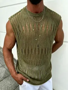 Olive Hollow Out Knit Sleeveless Vest, Men's Loose Fit Breathable Classic Top, Wave Pattern Design, Casual Style, Perfect for Daily Wear