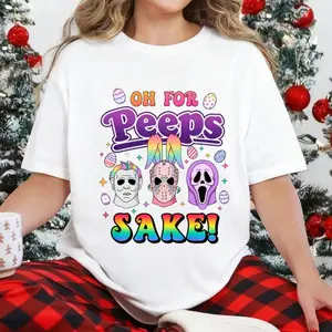 Halloween Easter Mashup T-Shirt Oh For Peeps Sake With Horror Icons And Rainbow Colors Perfect For Spring Fright Festivals And Easter Celebrations Ideal Gift For Horror Fans And Easter Enthusiasts