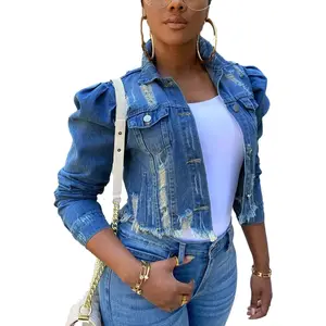 Women's Ripped Puff Sleeve Denim Crop Top Cropped Jean Jacket