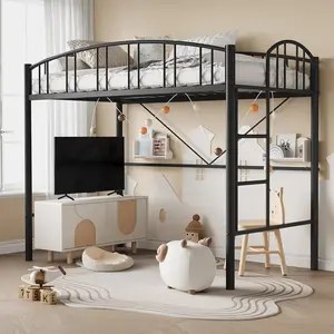Twin Size Heavy-Duty Metal Bedroom Bedframe, Loft Bed with Arched Guardrail, Safety Ladder, 15" High Matte Black Frame, Anti-Tip Wall Brackets, Noise-Free Slat Clips