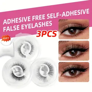 Self-Adhesive False Eyelashes Set of 3 Pairs - Pre-Glued Reusable Easy-to-Apply Lashes in Cat Eye, Natural, Cross, Fluffy & Extra Thick Styles with B/C Curl & Varied Lengths (6-9mm, 10-12mm, 13-15mm) for Beginners