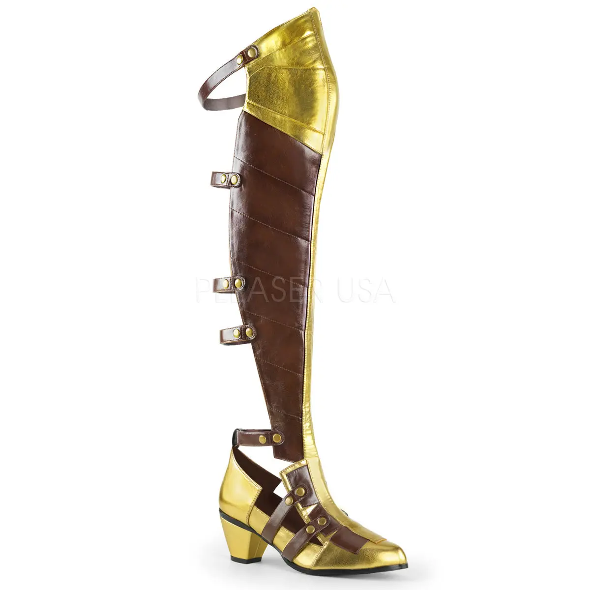 Women's 2.5 in Block Heel Boot - MAIDEN-8830, Brown-Gold, with Hook Closure, Footwear, Shoe, Over-Knee